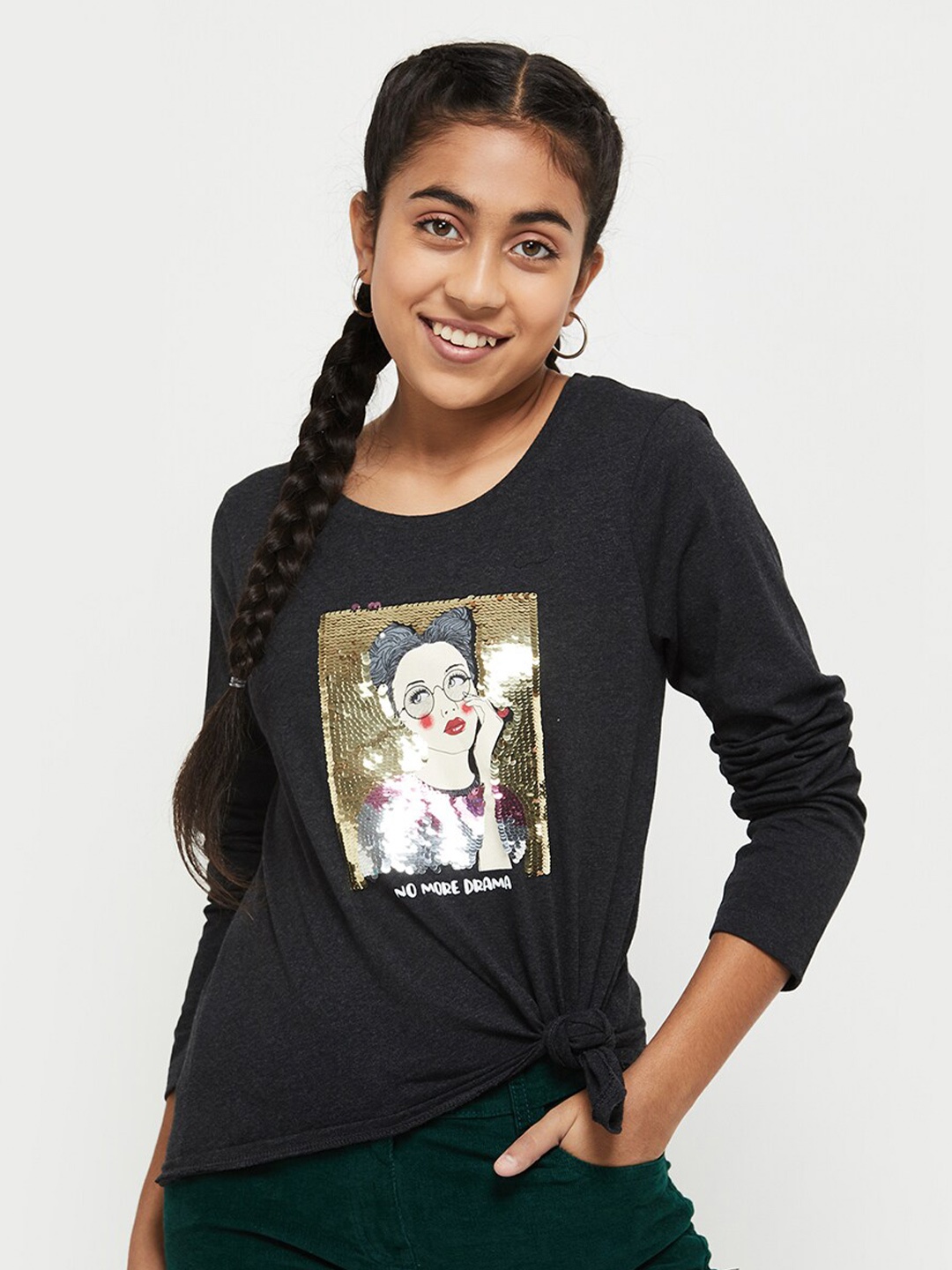 

max Girls Charcoal Printed Pure Cotton T-shirt