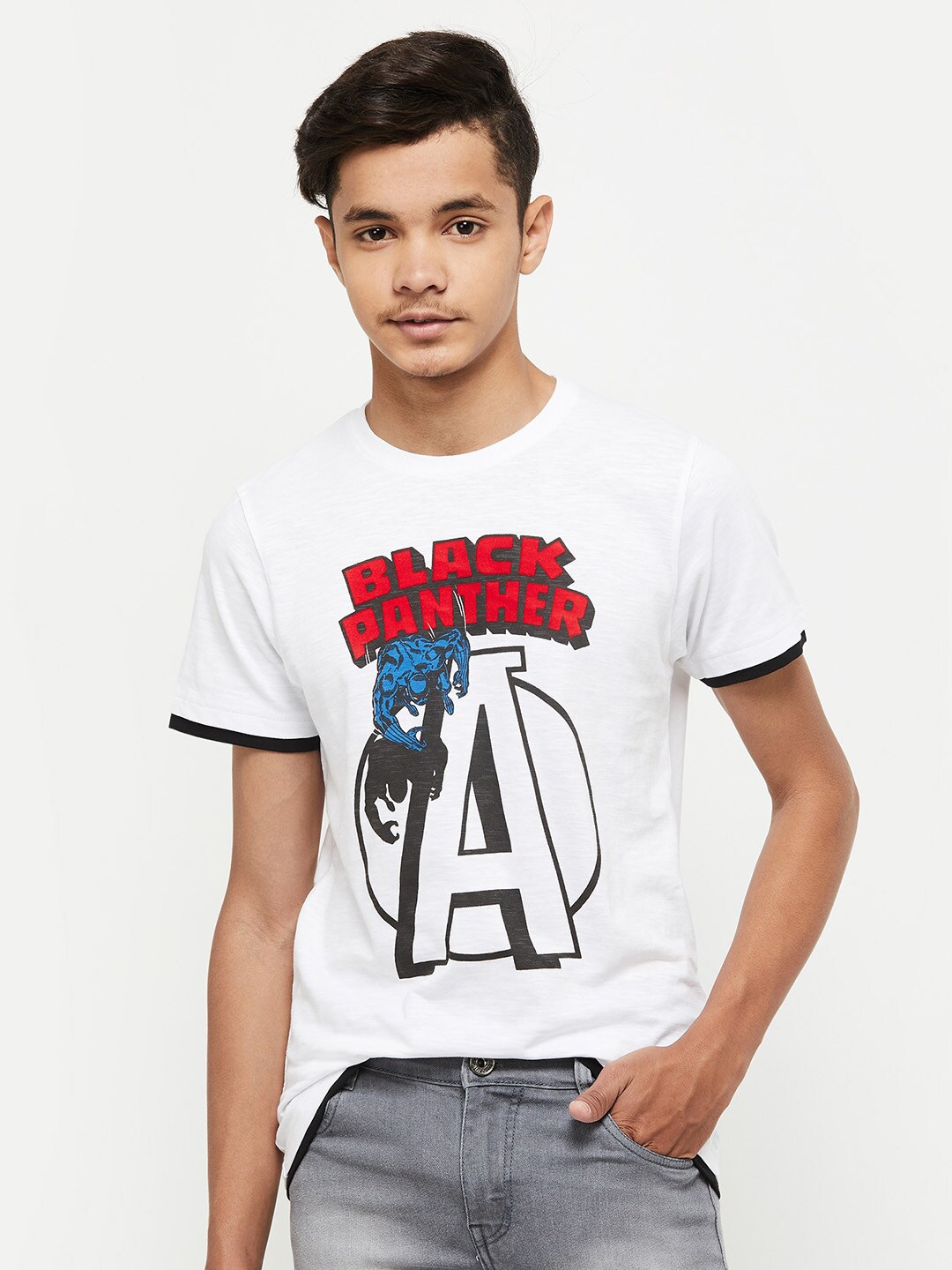 

max Boys White Printed Cotton T-shirt