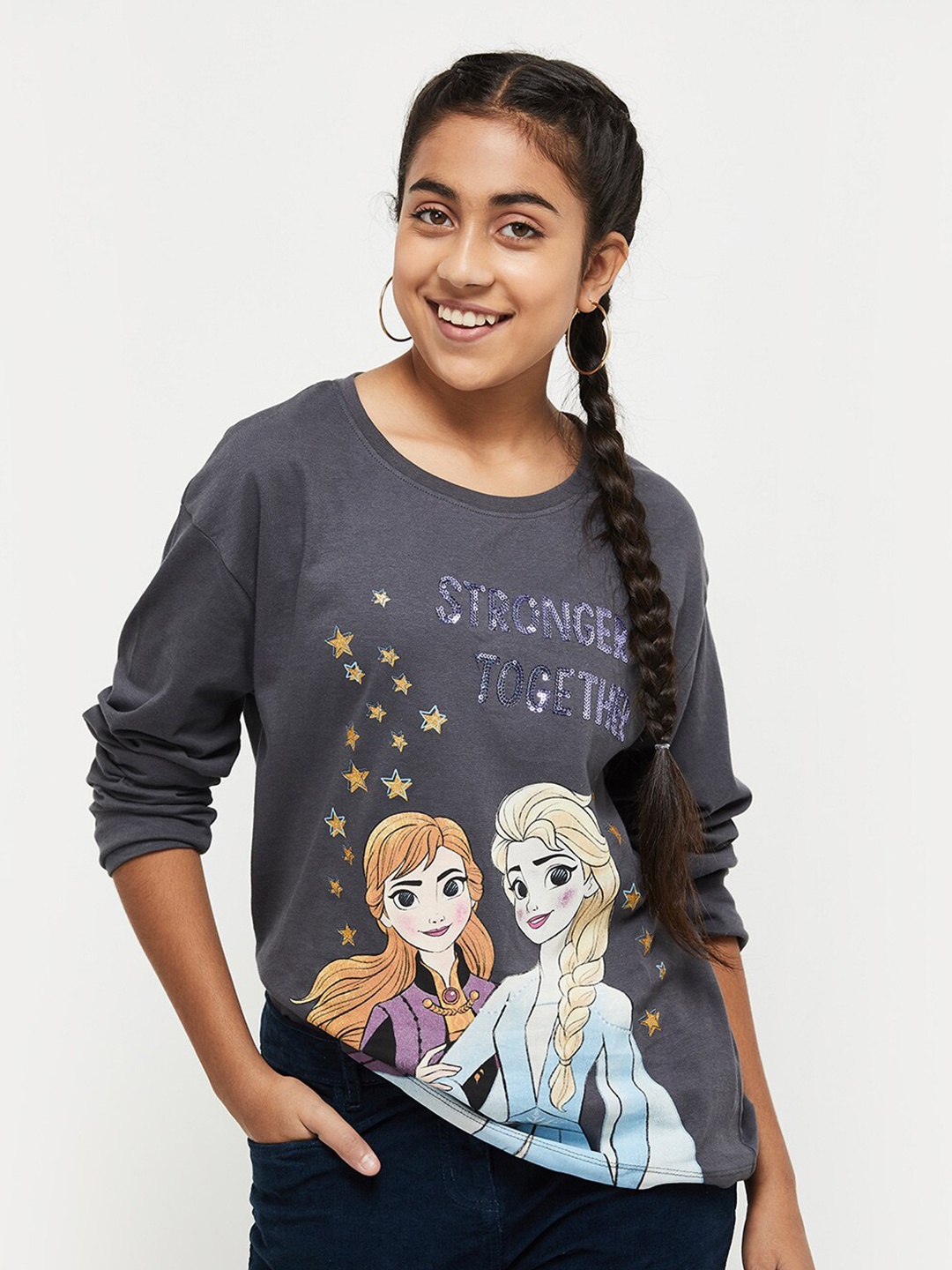 

max Girls Charcoal Pure Cotton Printed Drop-Shoulder Sleeves T-shirt