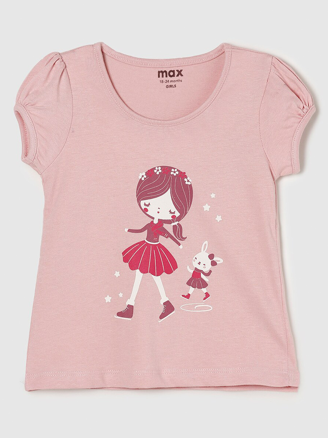 

max Girls Peach-Coloured Printed Cotton T-shirt