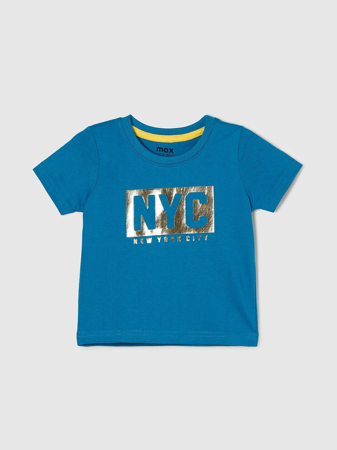 

max Boys Teal Blue Typography Printed Applique T-shirt