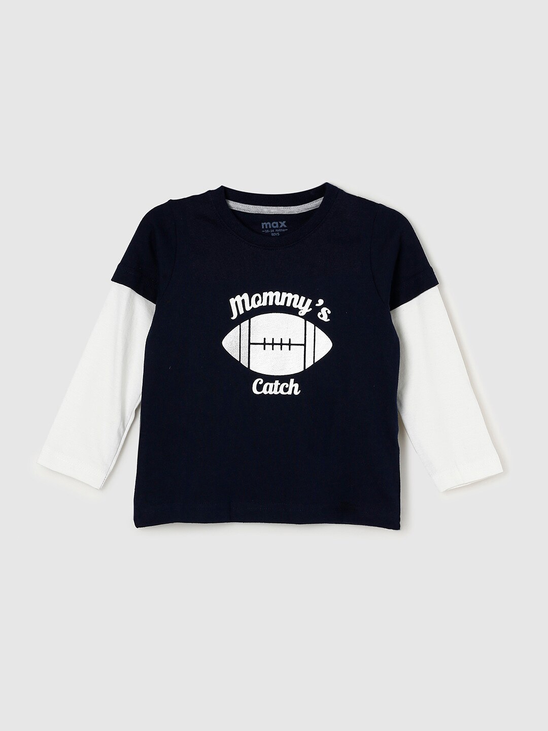 

max Boys Navy Blue & White Cotton Printed T-shirt