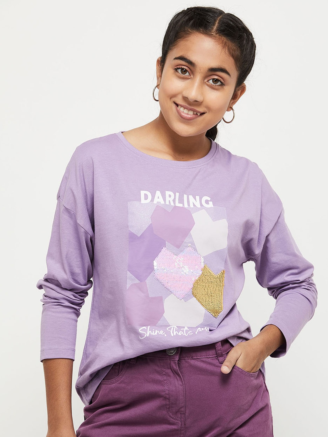 

max Girls Lavender & Gold Embellished Pure Cotton Round Neck T-shirt