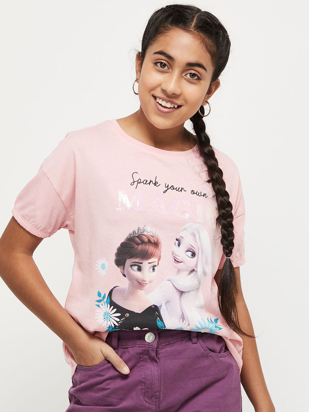 

max Girls Pink Printed Drop-Shoulder Sleeves Pure Cotton T-shirt
