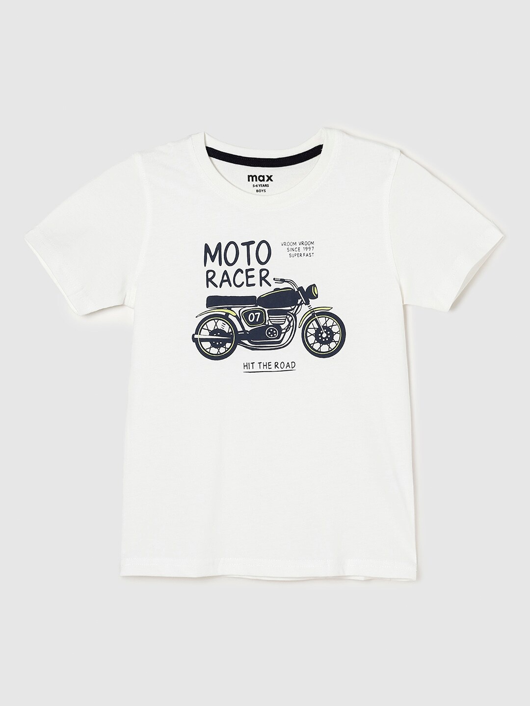 

max Boys White Biker Printed Short Sleeves Pure Cotton T-shirt