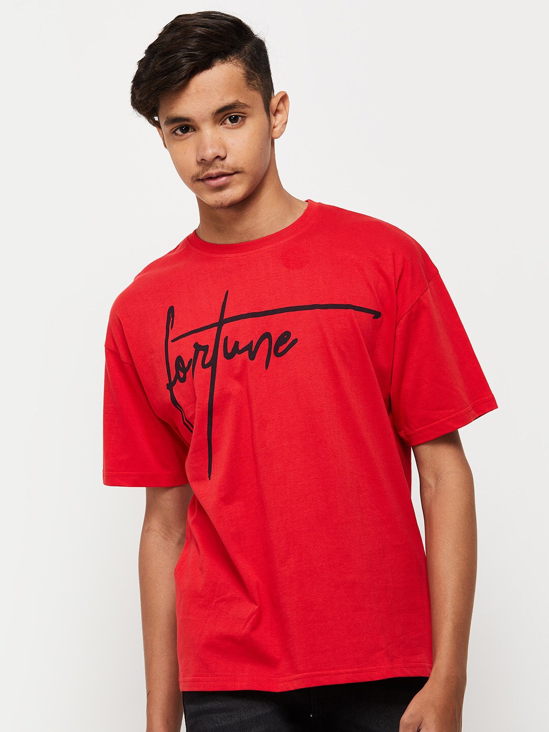 

max Boys Red Typography Printed Cotton T-shirt