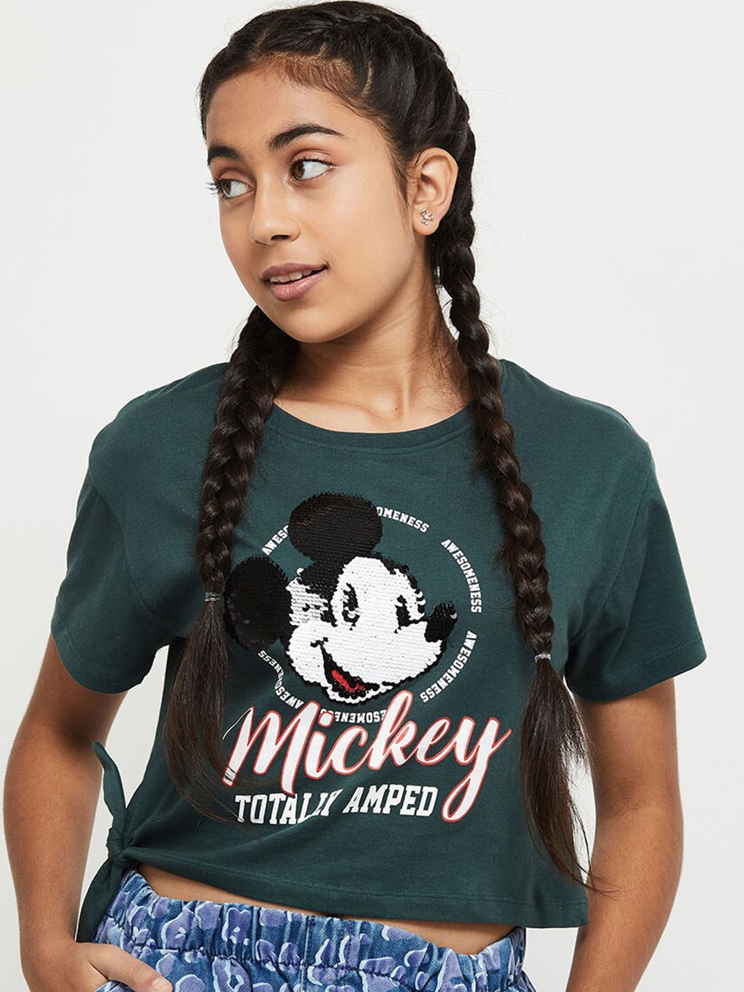 

max Girls Green Mickey Mouse Printed Cotton T-shirt