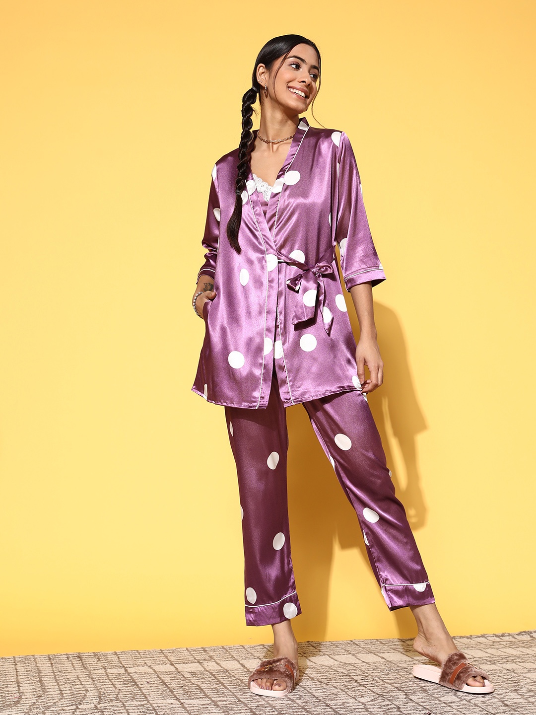 

Sweet Dreams Women Purple Polka Dotted Slumber Together Satin Set