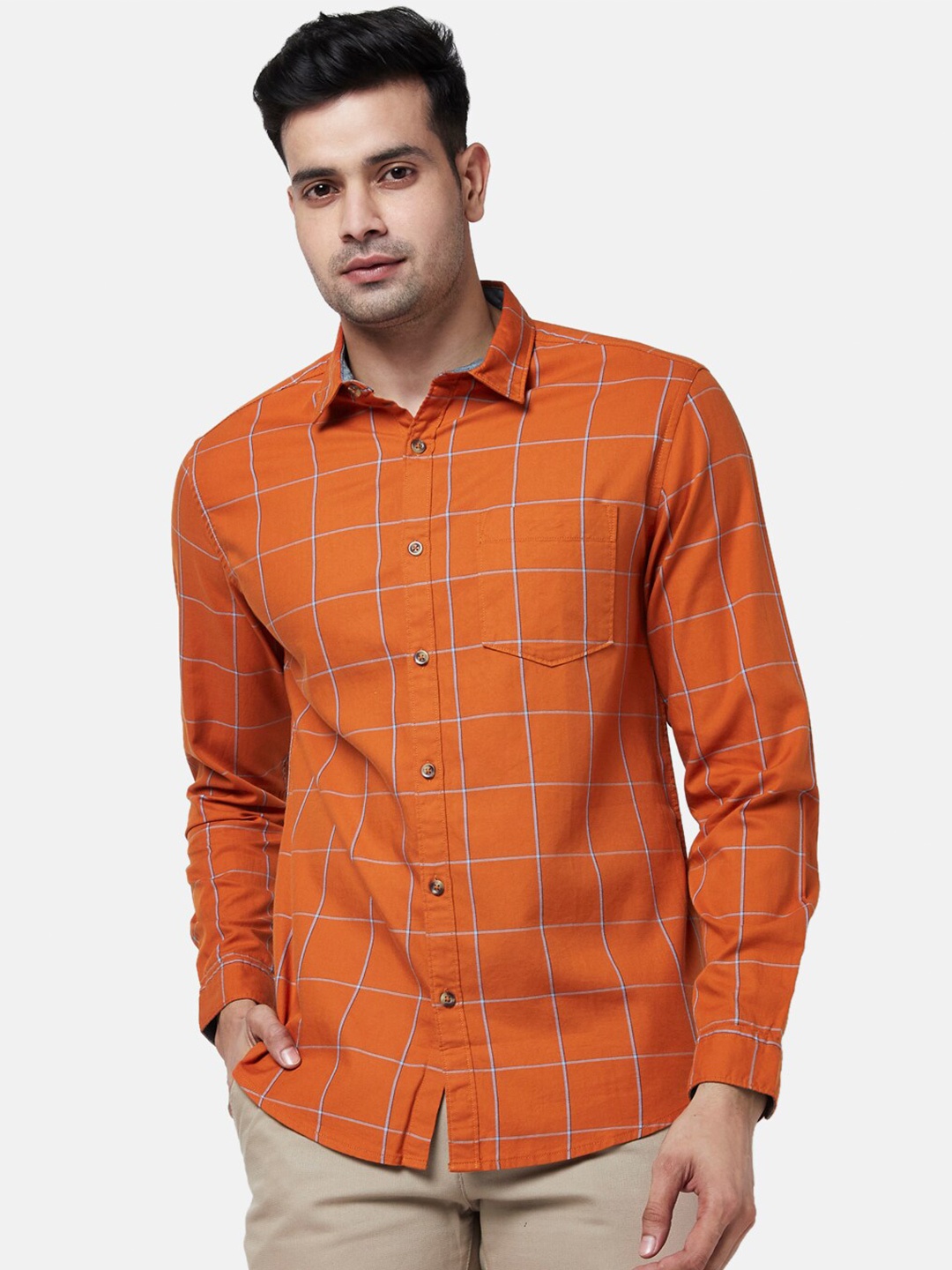 

BYFORD by Pantaloons Men Rust Slim Fit Checked Cotton Casual Shirt