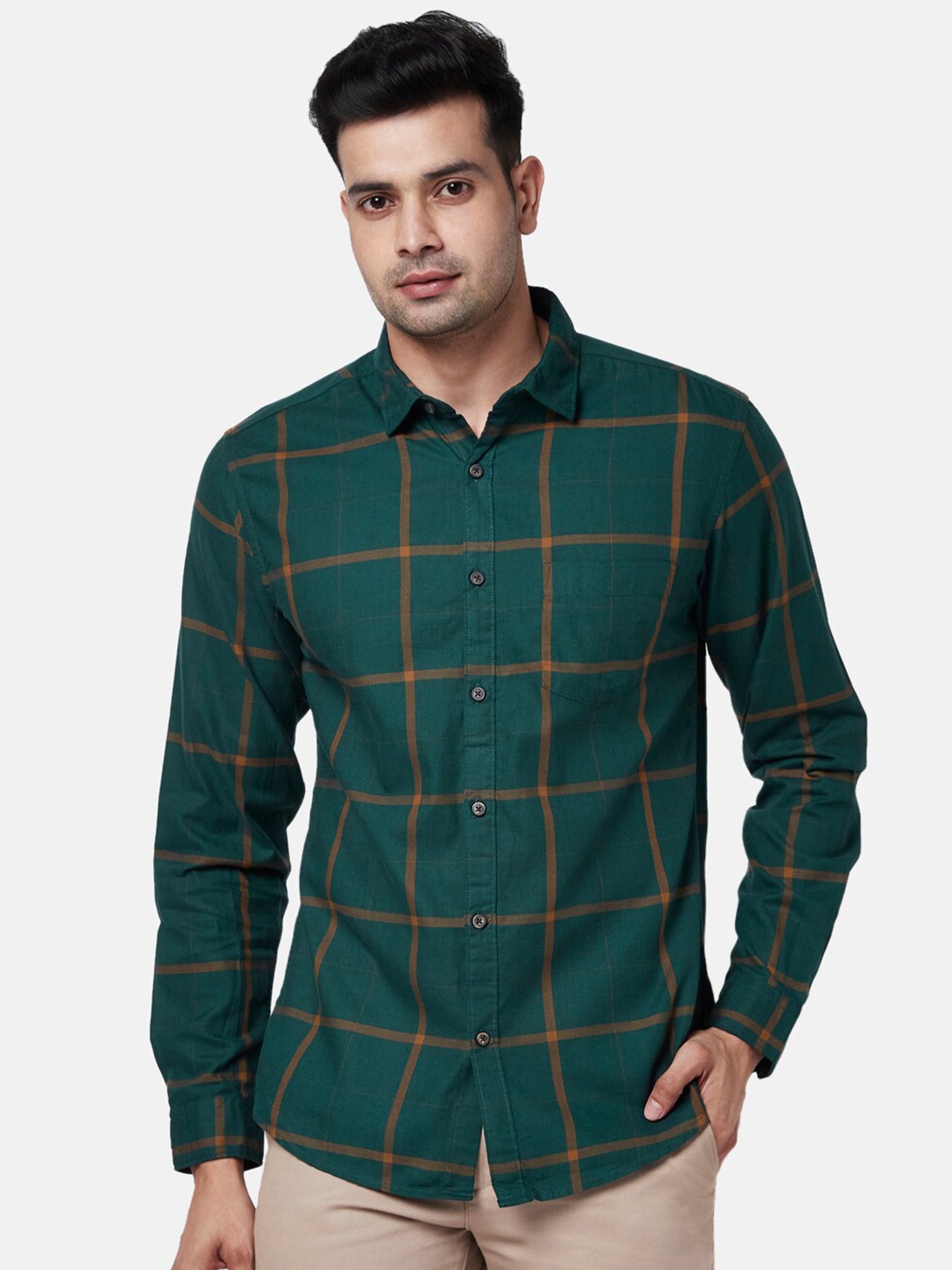 

BYFORD by Pantaloons Men Green Slim Fit Windowpane Checked Casual Shirt