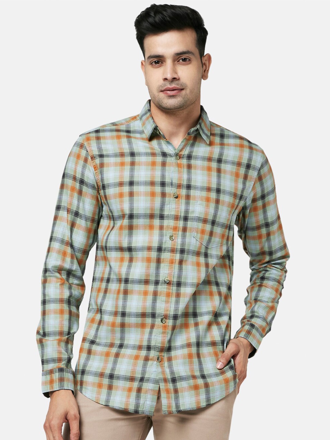 

BYFORD by Pantaloons Men Olive Green Slim Fit Checked Casual Shirt