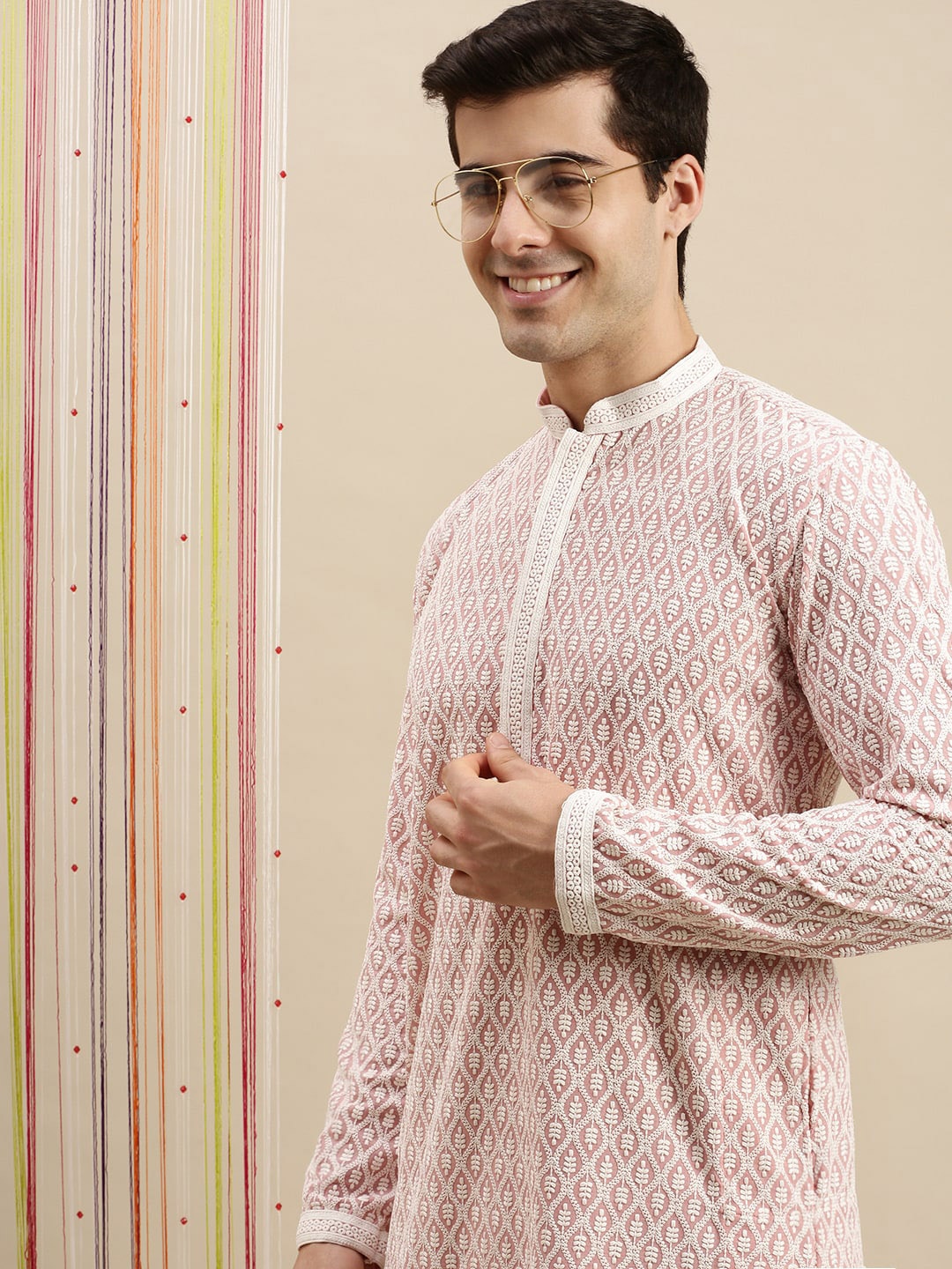 

Sanwara Men Pink & White Ethnic Motifs Chikankari Kurta