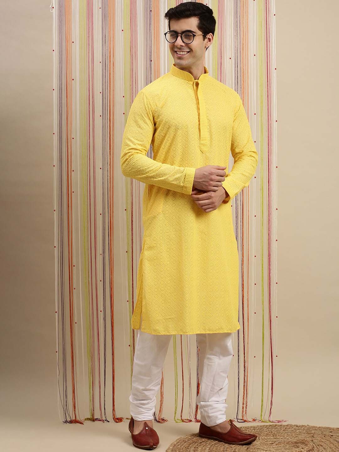 

Sanwara Men Yellow Chikankari Pastels Long Sleeves Cotton Kurta