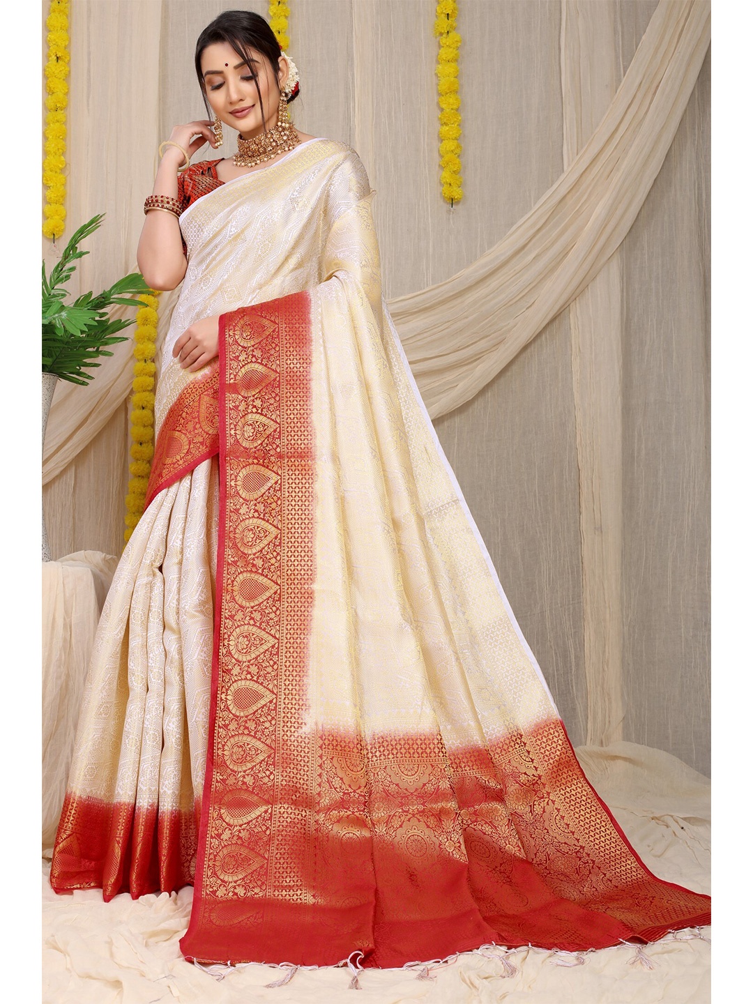 

Anaita Cream-Coloured & Maroon Ethnic Motifs Zari Pure Silk Banarasi Saree