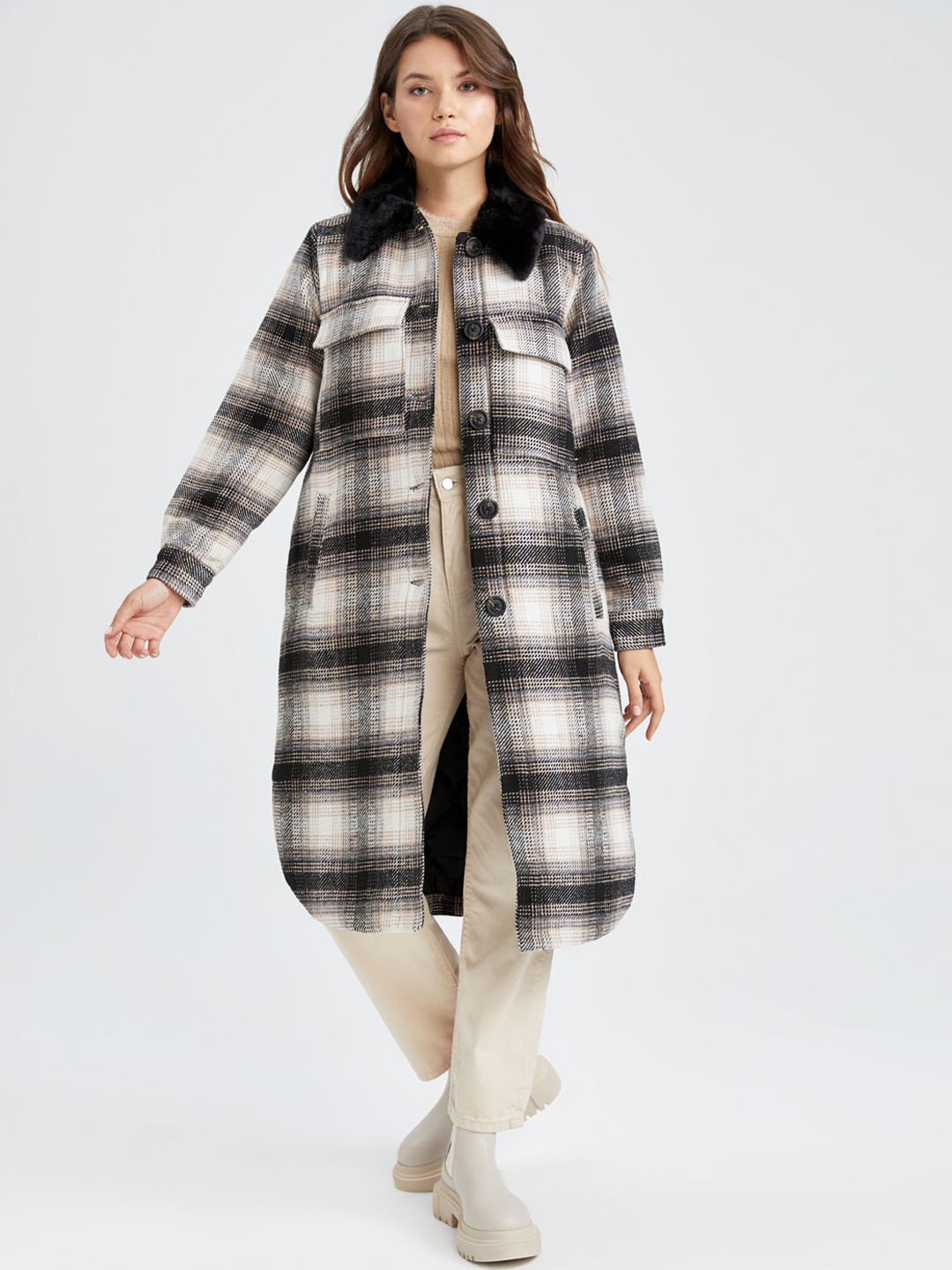 

DeFacto Women Black & White Checked Coats