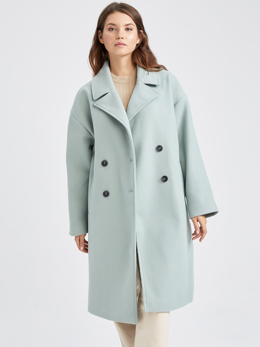 

DeFacto Women Blue Solid Single Breasted Over Coat