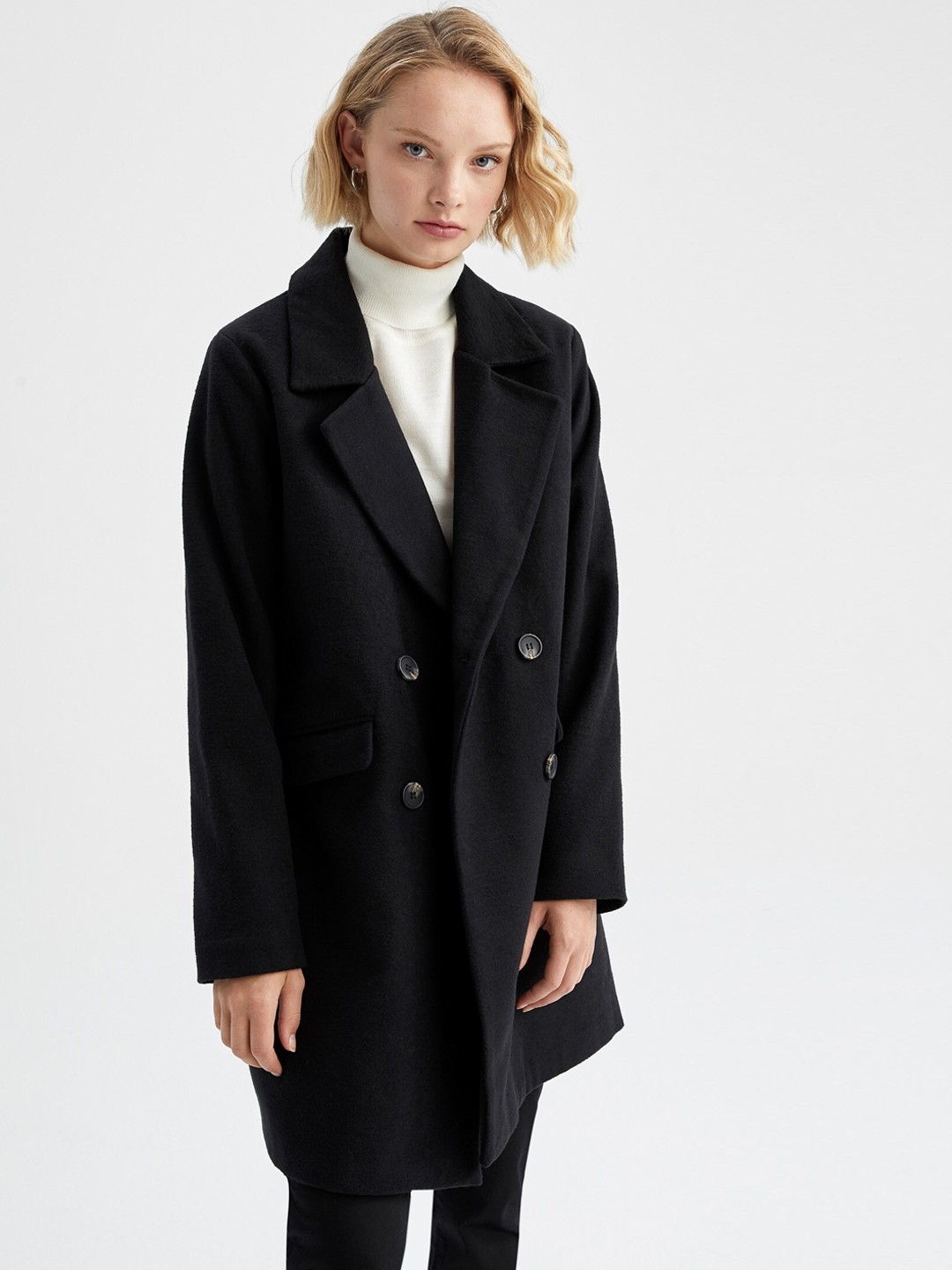 

DeFacto Women Black Solid Double Breasted Longline Coats