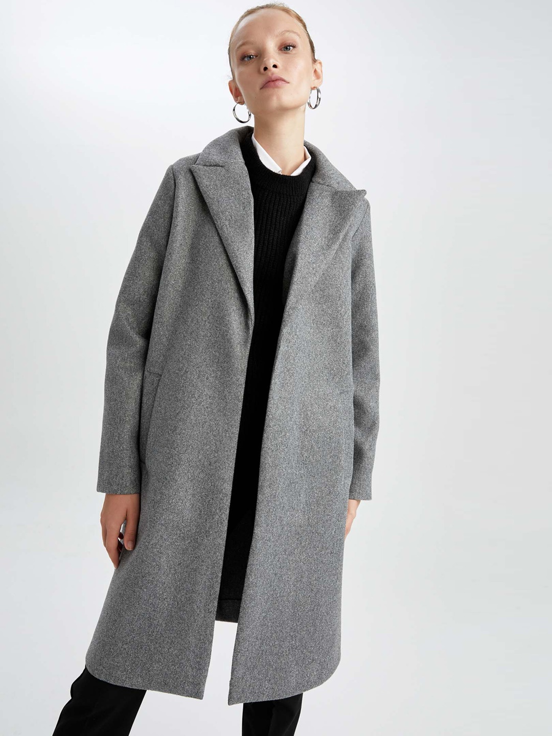 

DeFacto Women Grey Self-Design Longline Trench Coat