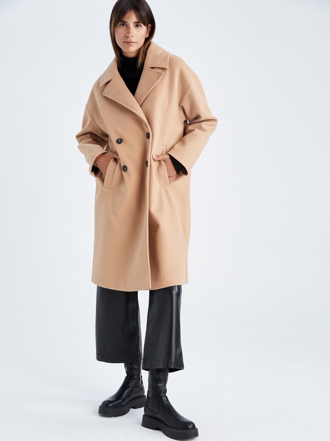 

DeFacto Women Beige Solid Double-Breasted Trench Coat