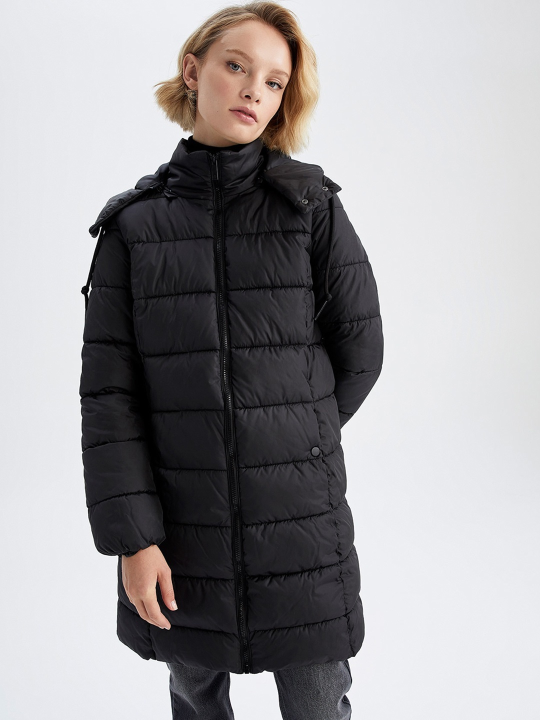 

DeFacto Women Black Solid Hooded Overcoat
