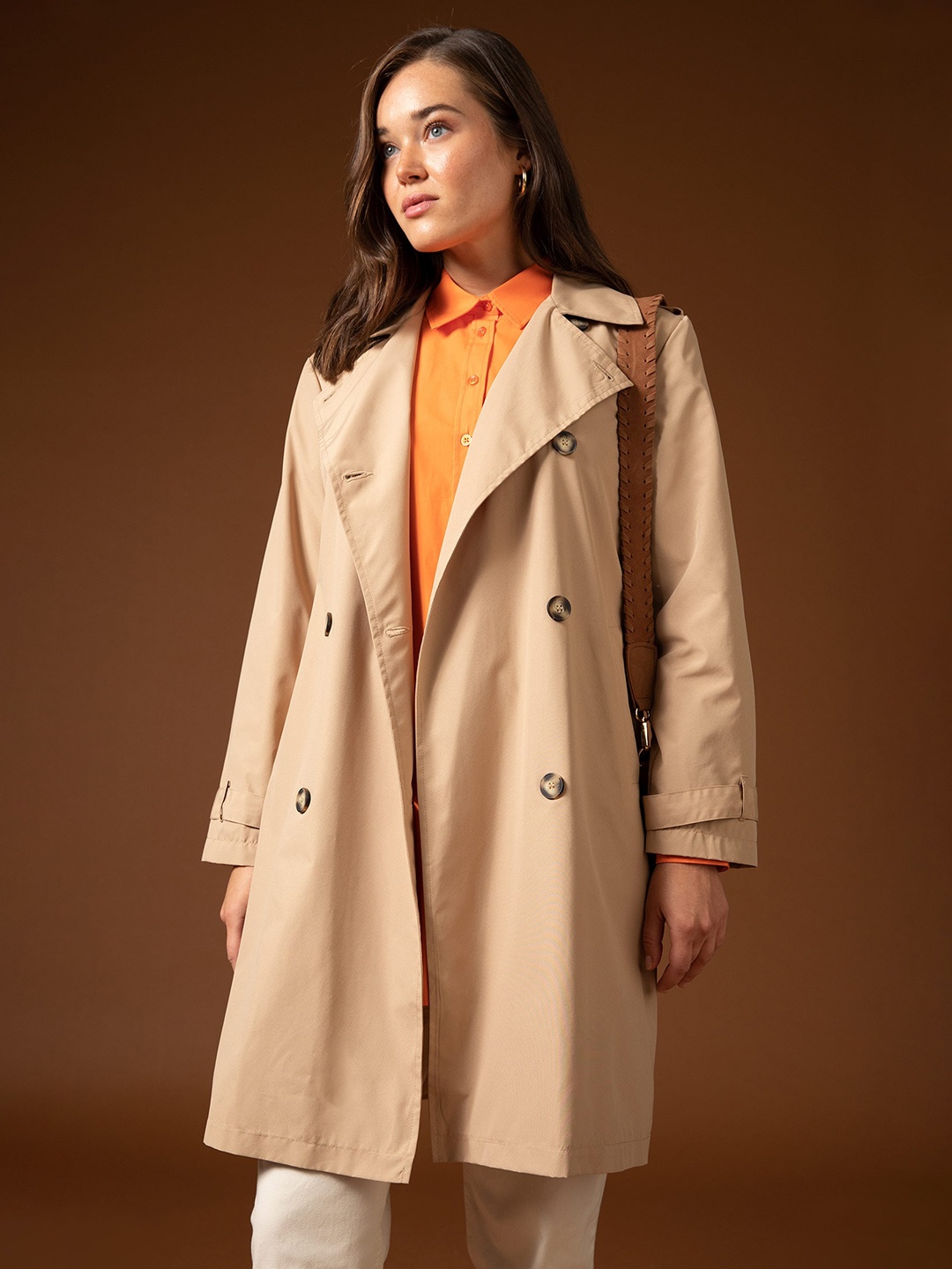 

DeFacto Women Beige Solid Double-Breasted Overcoat