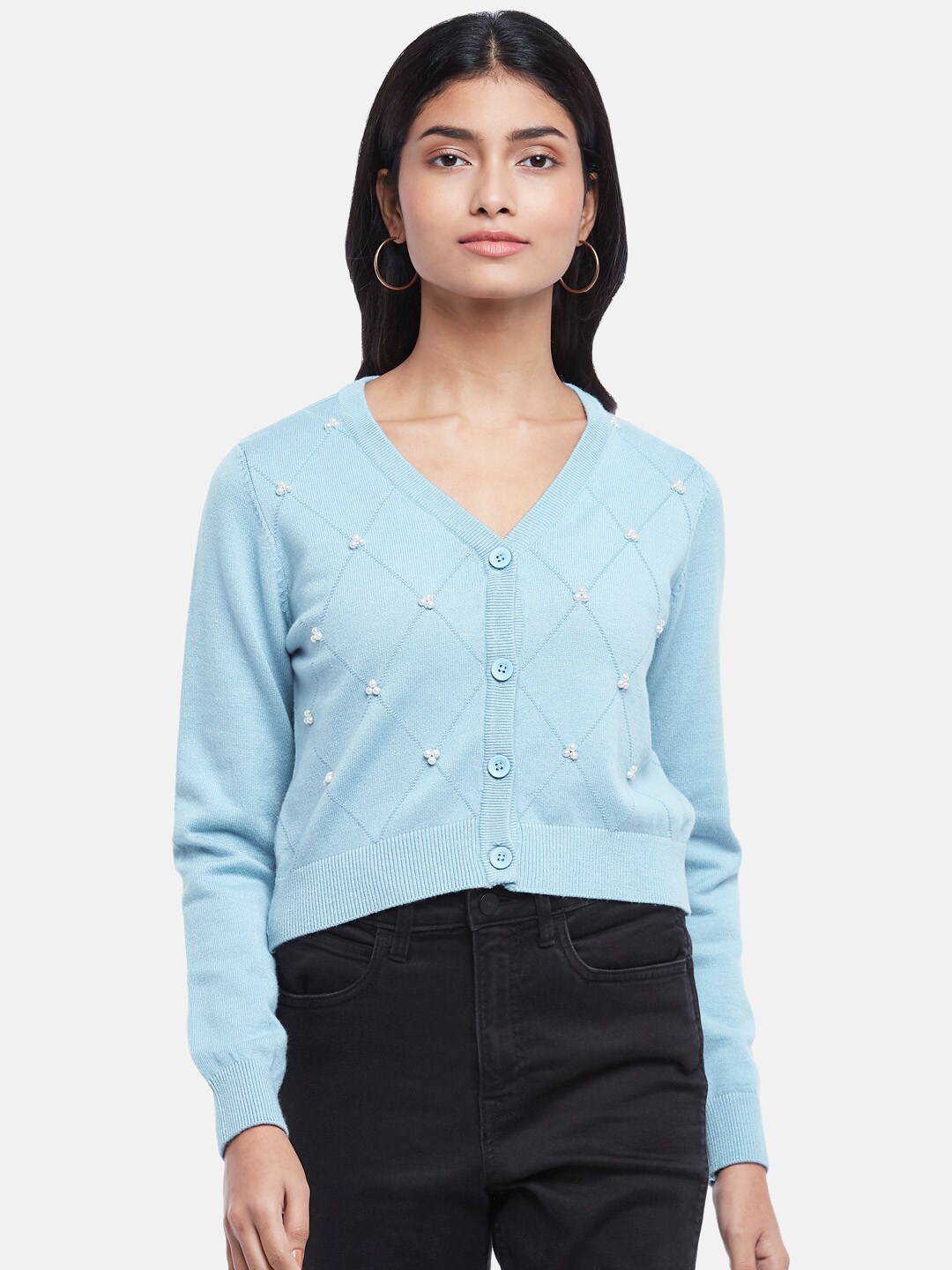

Honey by Pantaloons Women Blue & White Embroidered Crop Cardigan with Embroidered Detail