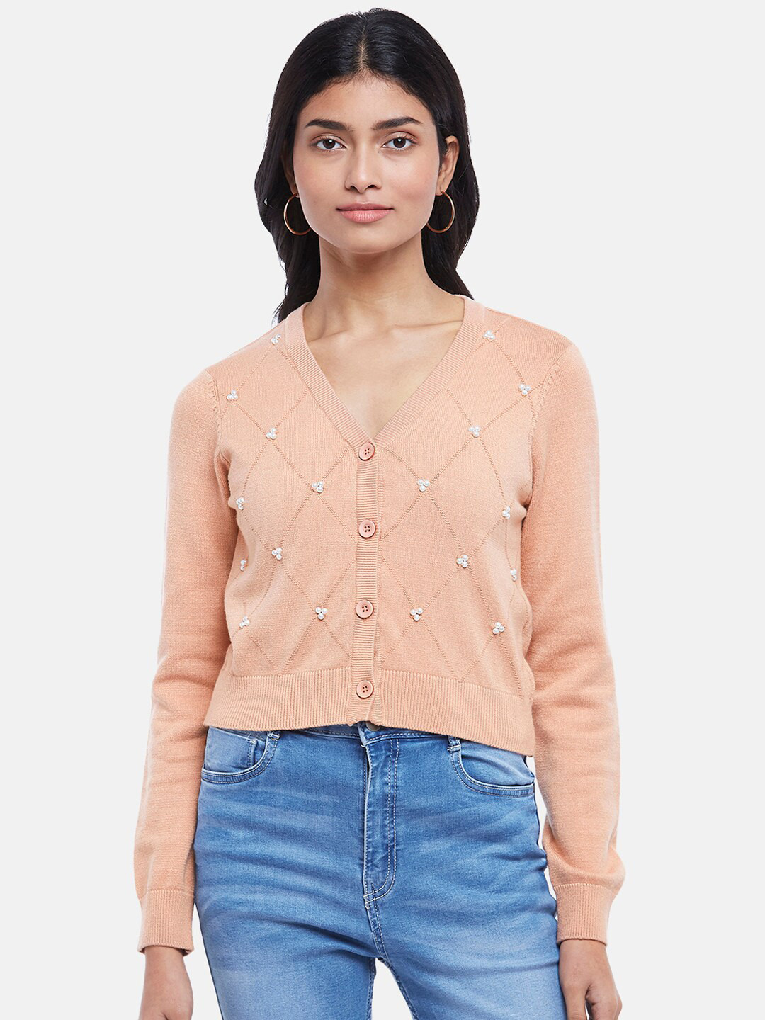 

Honey by Pantaloons Women Pink & White Solid Cardigan