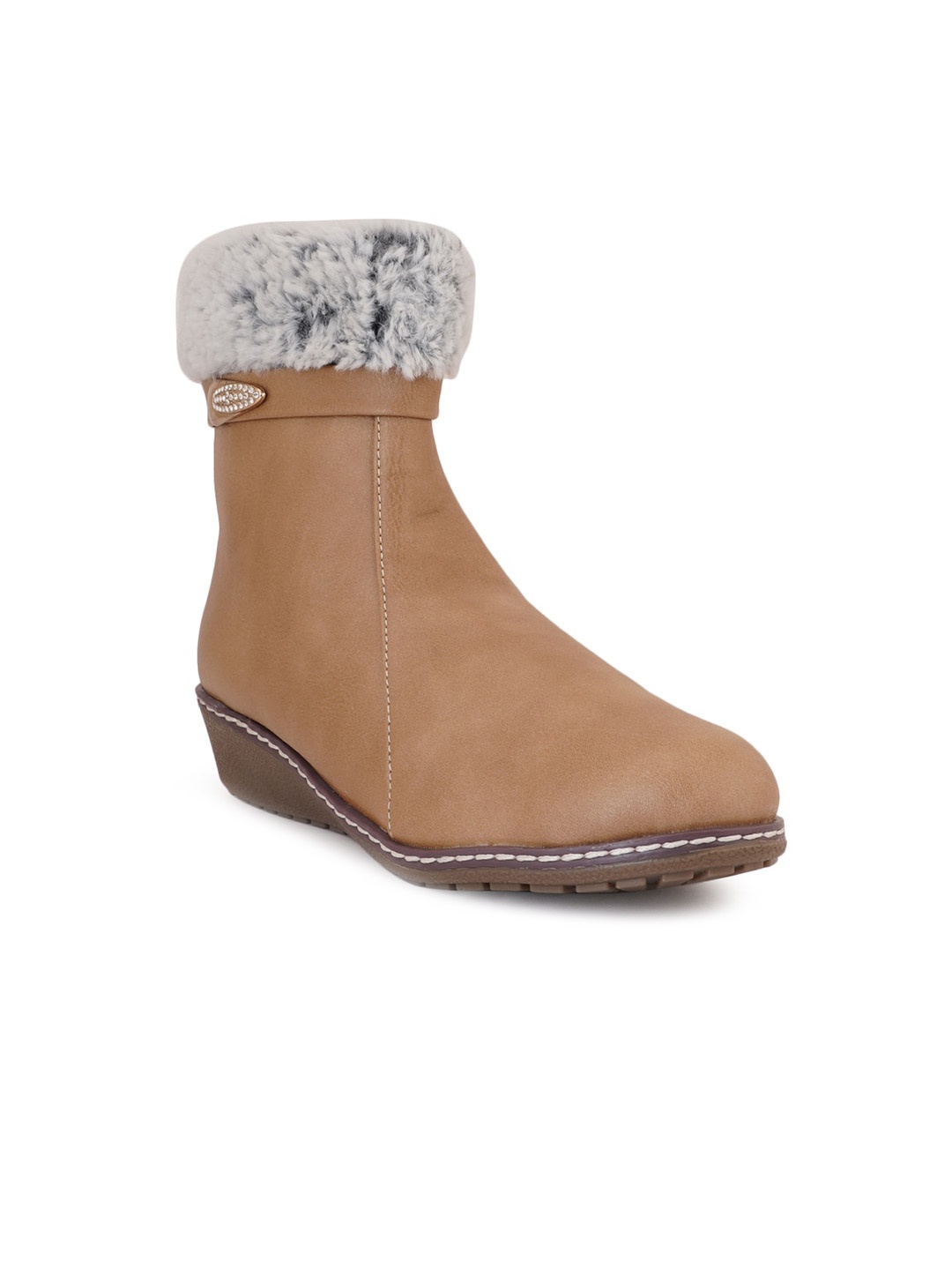 

EVERLY Women Brown Textured Fur Winter Boots, Beige