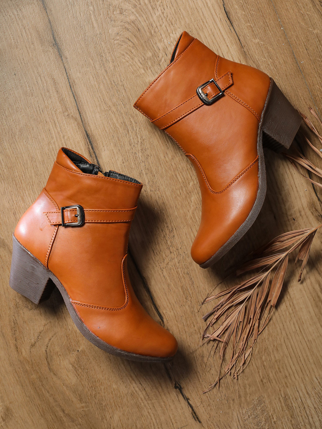 

EVERLY Women Tan Pointed Toe Buckle Detailed Regular Boots