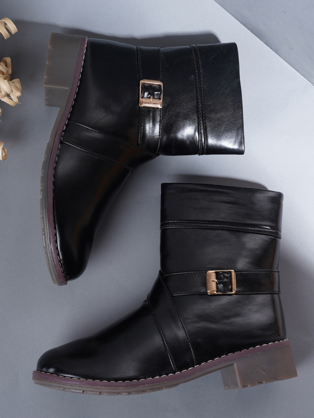 

EVERLY Women Black Solid Leather Boots