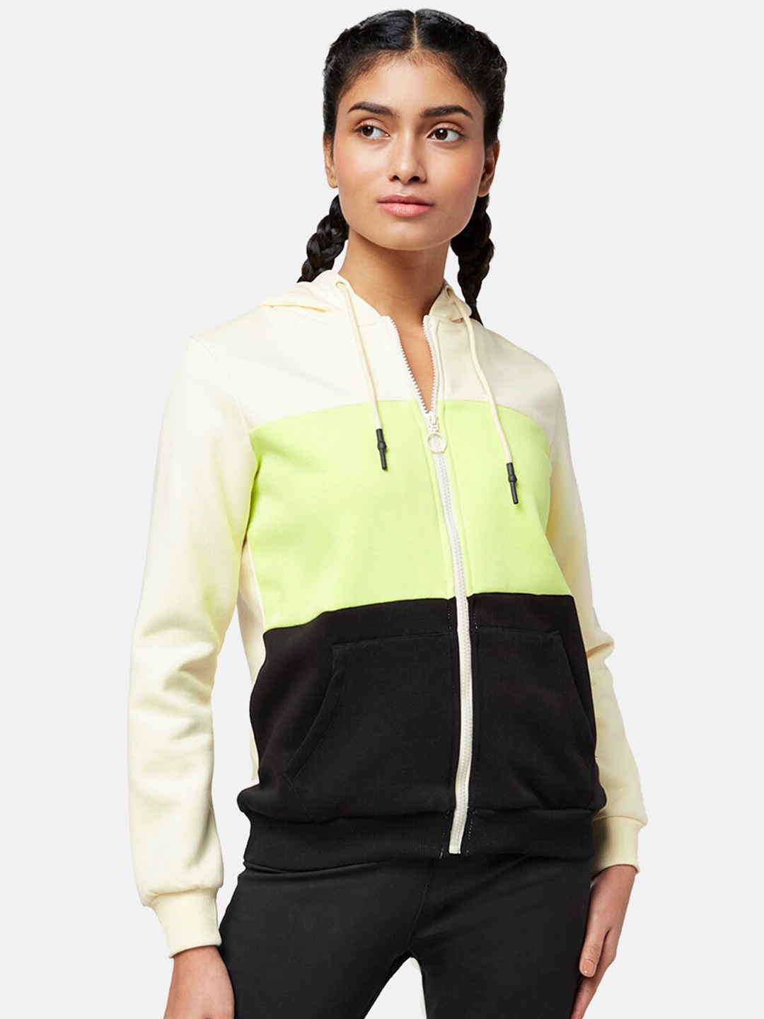 

Ajile by Pantaloons Women Black Colourblocked Hooded Cotton Sweatshirt