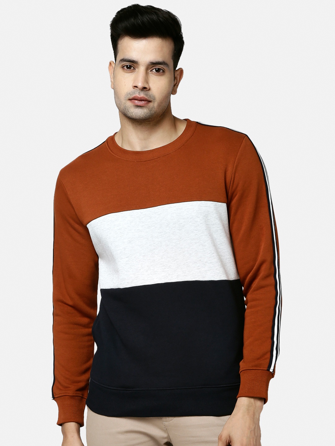 

BYFORD by Pantaloons Men Rust & White Colourblocked Cotton Sweatshirt