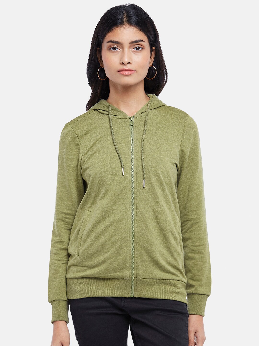

Honey by Pantaloons Women Olive Green Hooded Cotton Sweatshirt