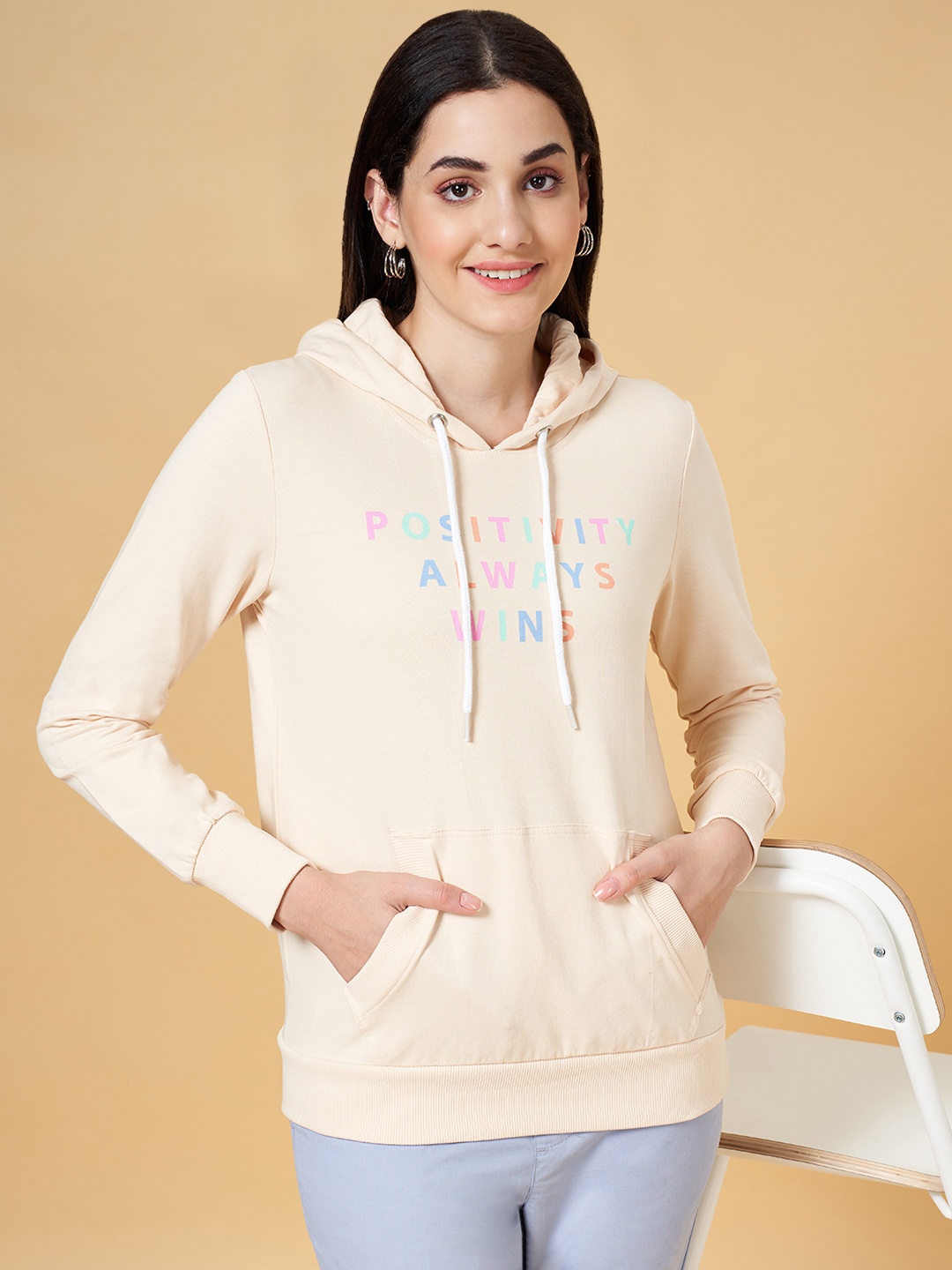 

Honey by Pantaloons Women Beige Cotton Printed Hooded Sweatshirt