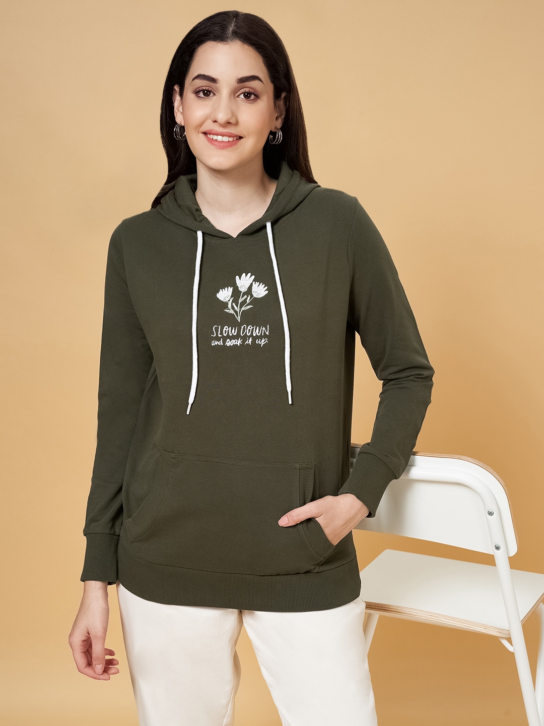 

Honey by Pantaloons Women Olive Green Hooded Sweatshirt