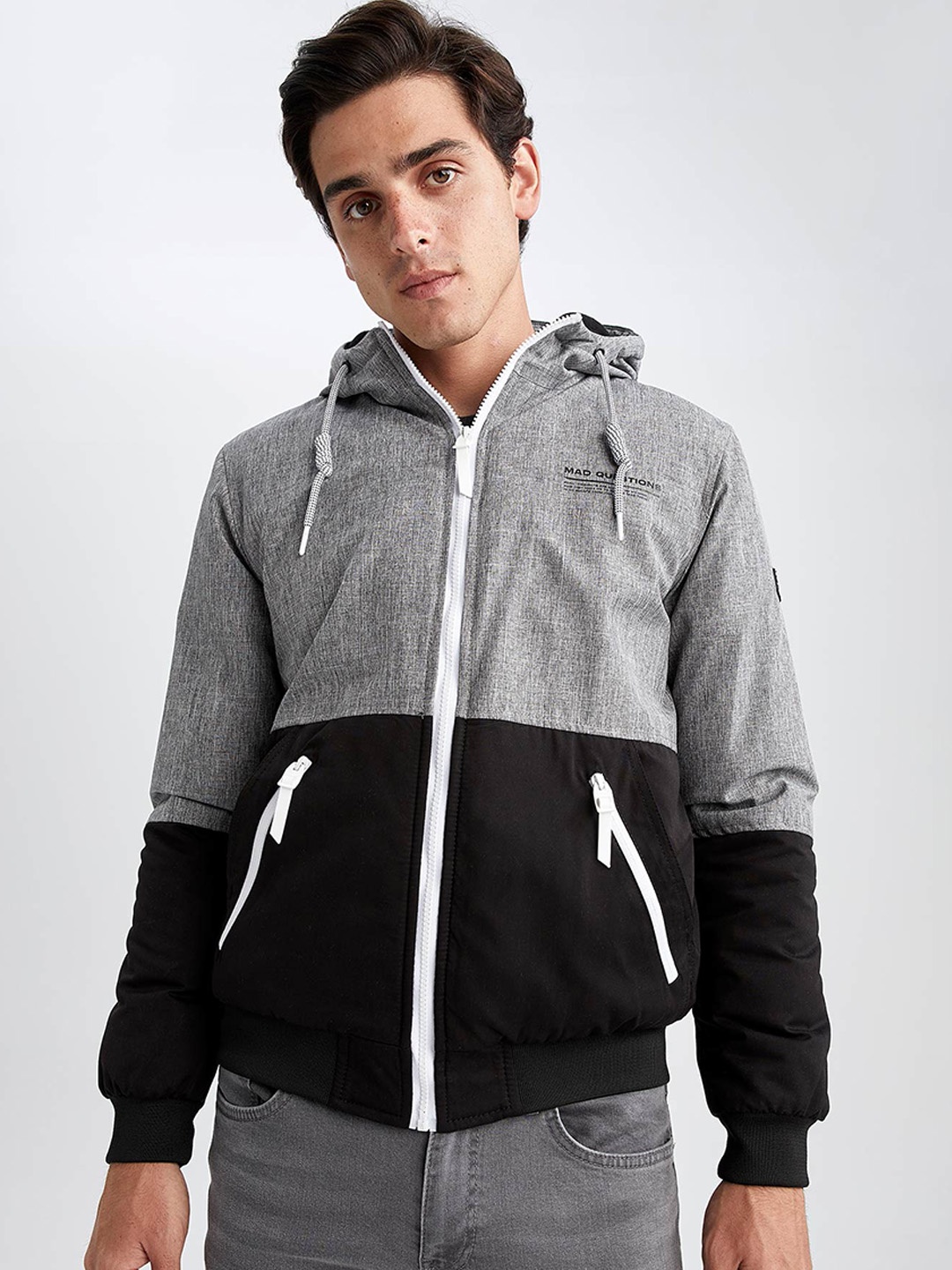 

DeFacto Men Grey Black Colourblocked Bomber Jacket