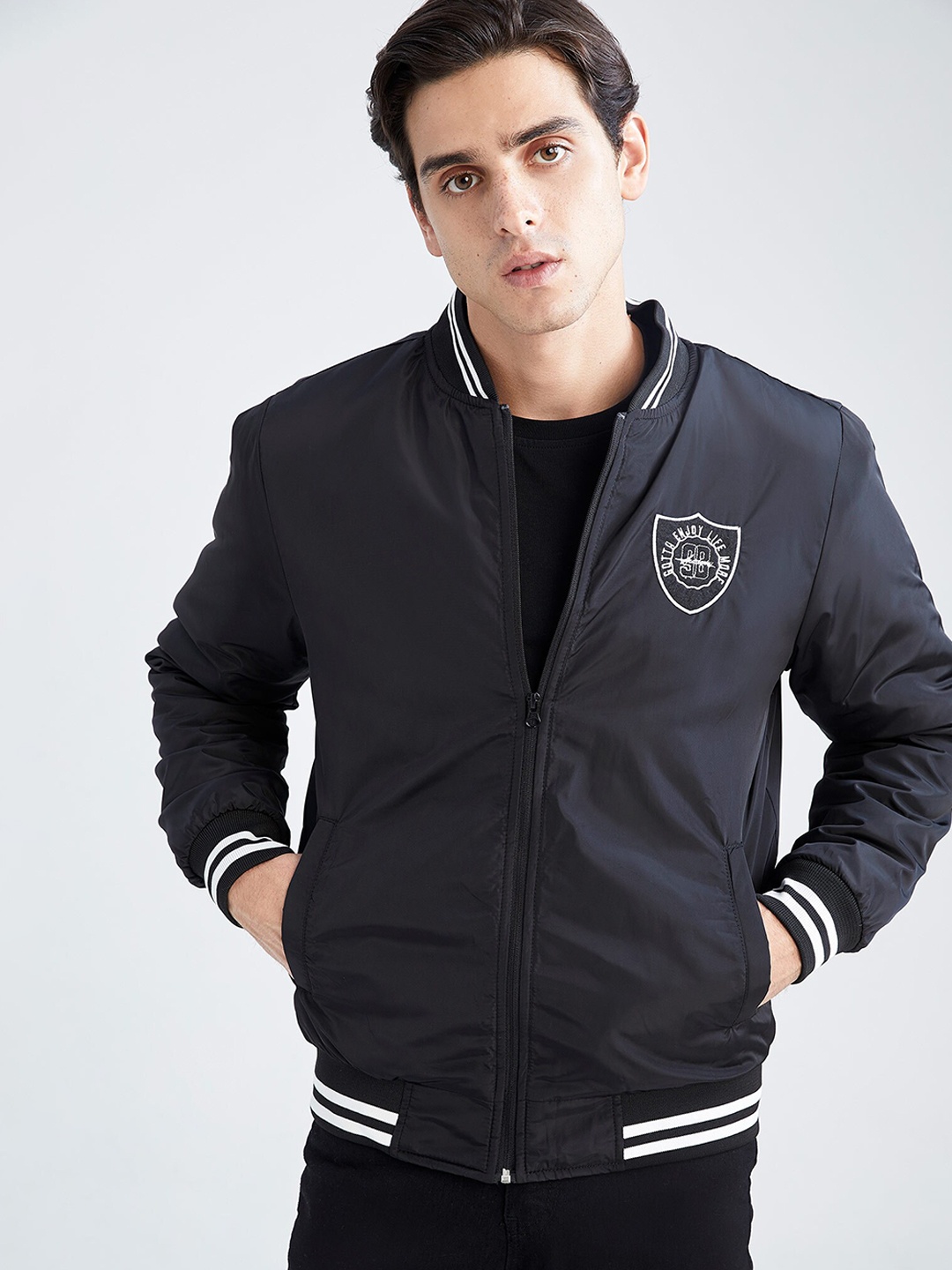 

DeFacto Men Black White Typography Bomber Jacket