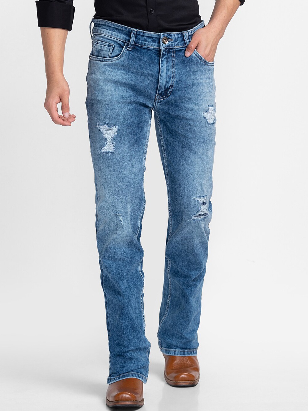 

mode de base Men Blue Bootcut Mildly Distressed Heavy Fade Stretchable Jeans