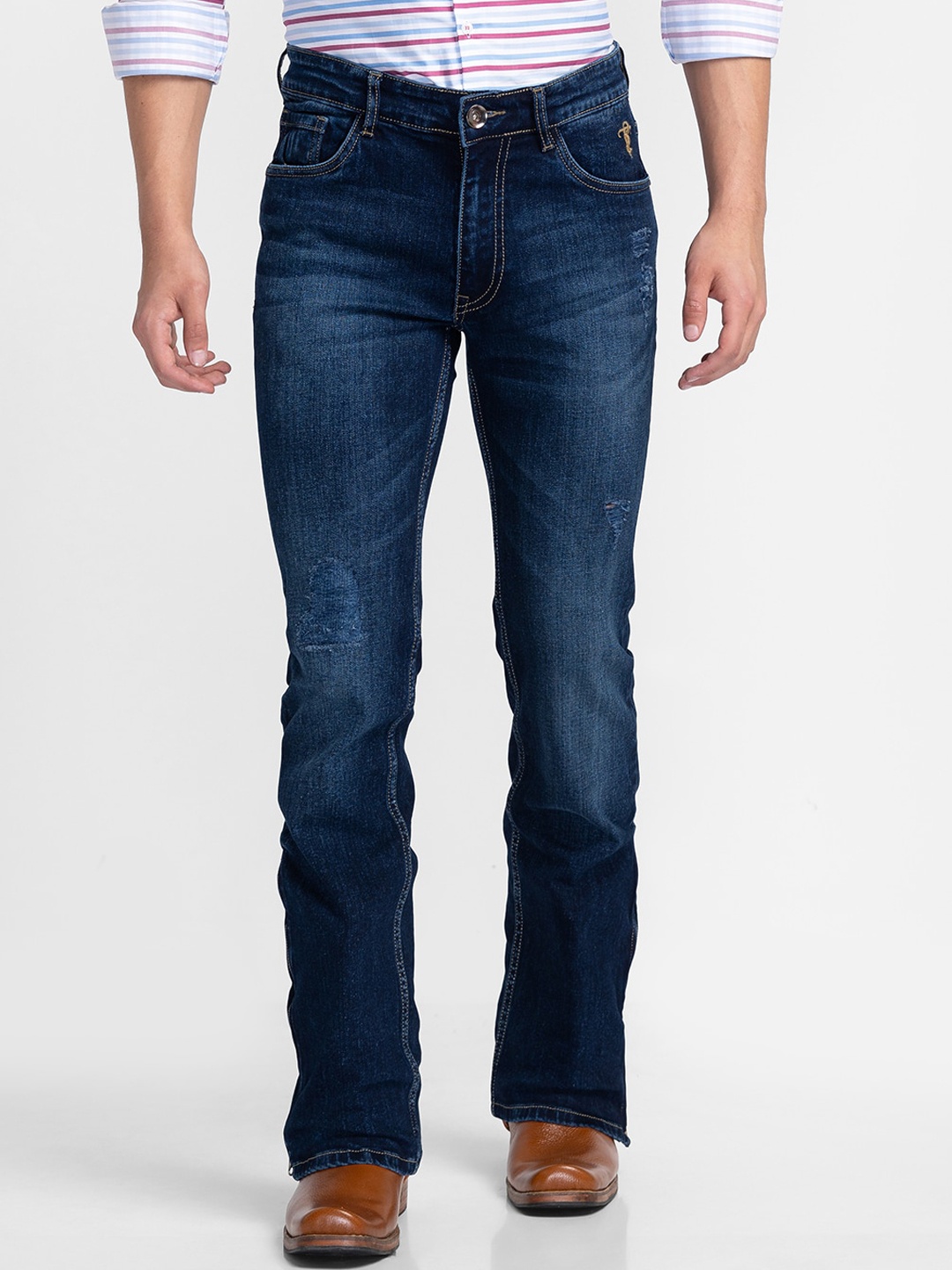 

mode de base Men Blue Low Distress Light Fade Bootcut Stretchable Jeans
