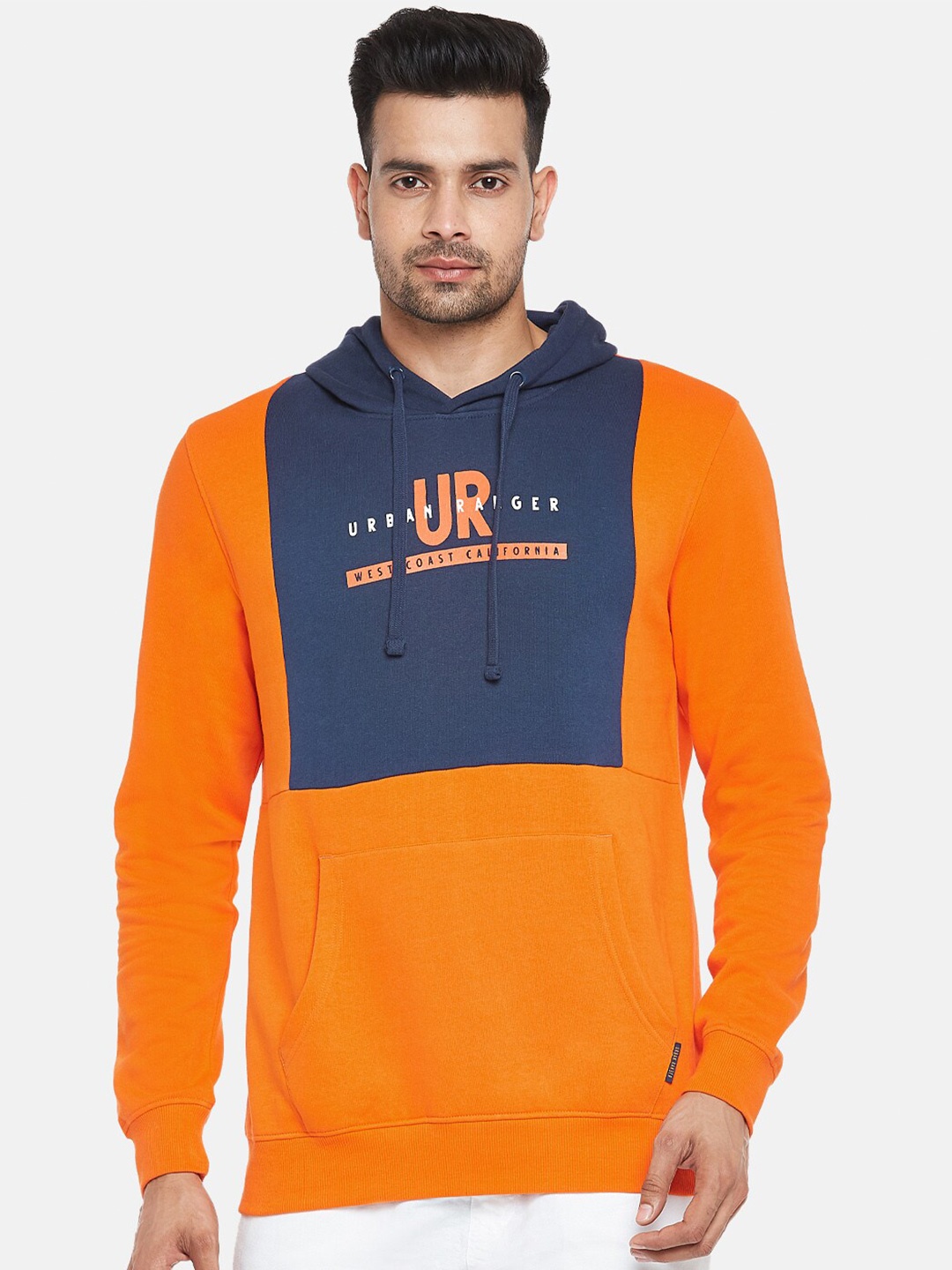 

Urban Ranger by pantaloons Men Orange & Navy Blue Printed Hooded Sweatshirt