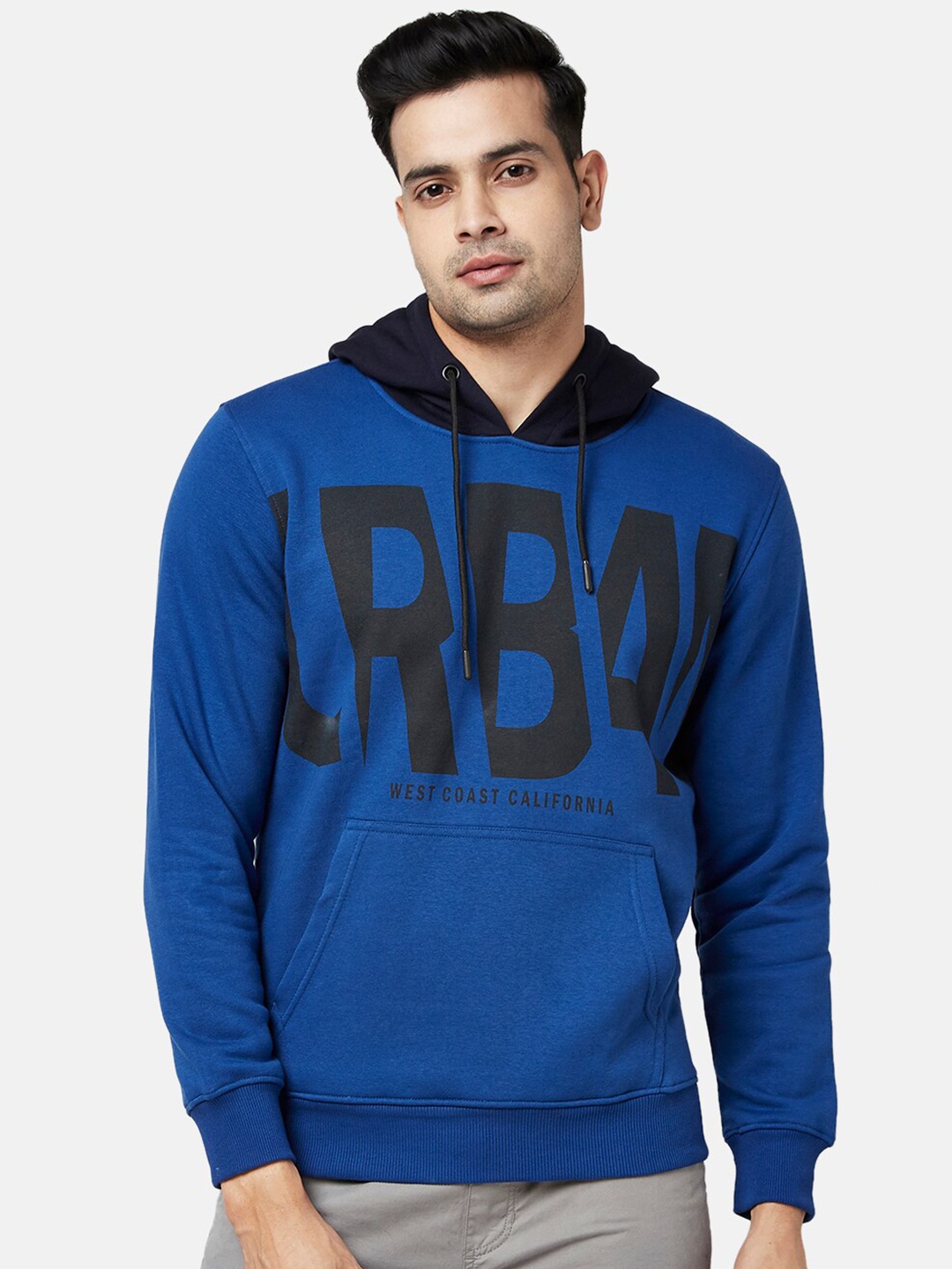 

Urban Ranger by pantaloons Men Blue Printed Hooded Cotton Sweatshirt