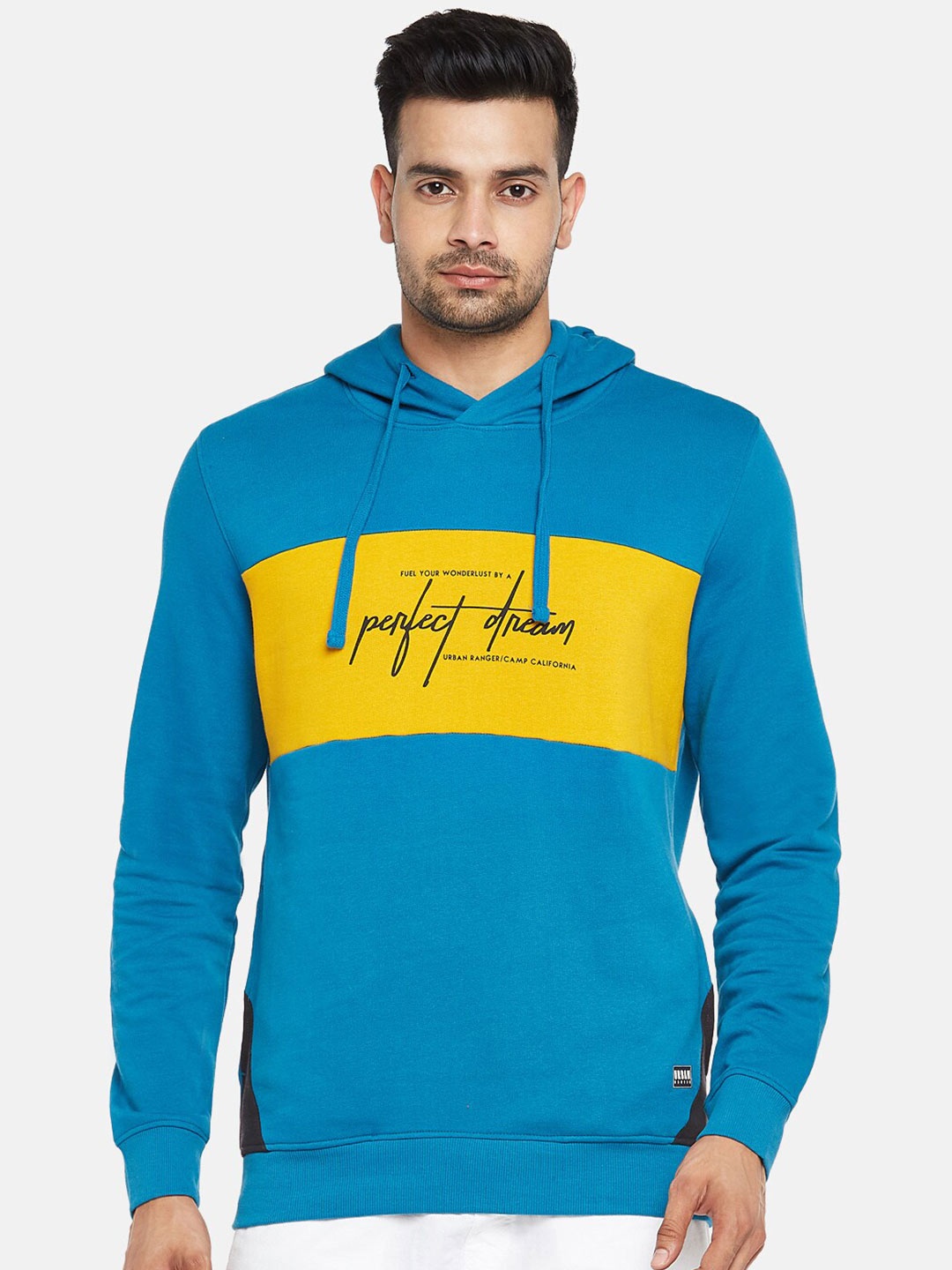 

Urban Ranger by pantaloons Men Teal Blue Colourblocked Hooded Sweatshirt