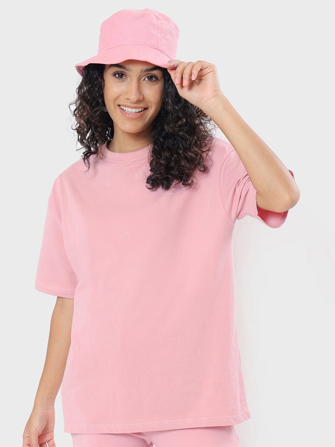 

Bewakoof Women Pink Loose Three-quarter Sleeves T-shirt