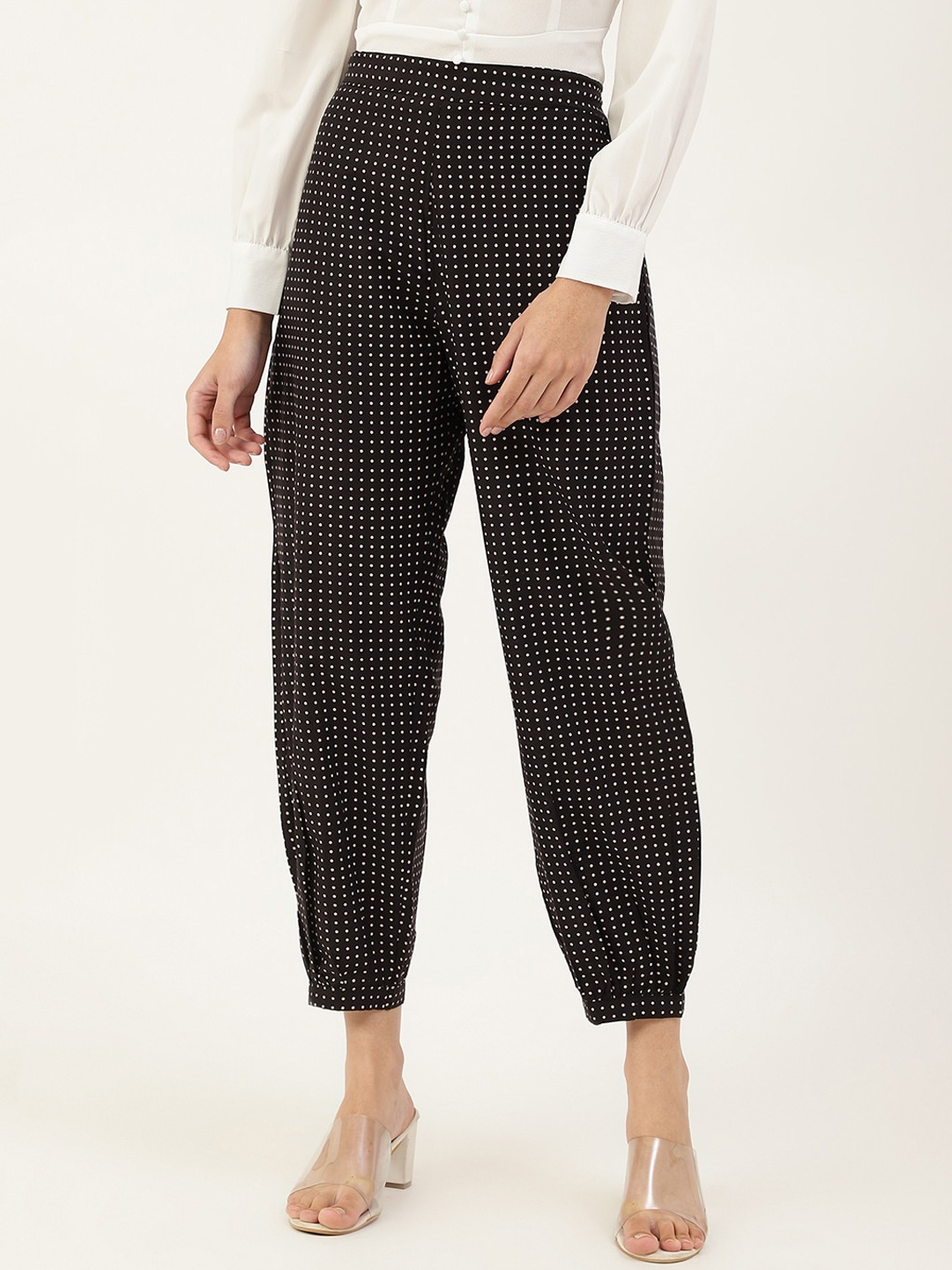 

DECKEDUP Women Black Cotton Printed Relaxed Wrinkle Free Trousers