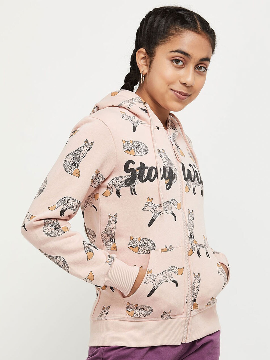

max Girls Peach-Coloured Cotton Printed Hooded Sweatshirt