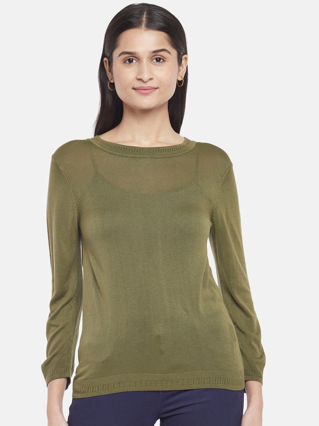 

Honey by Pantaloons Women Olive Green Round Neck Long Sleeves Sheer Top