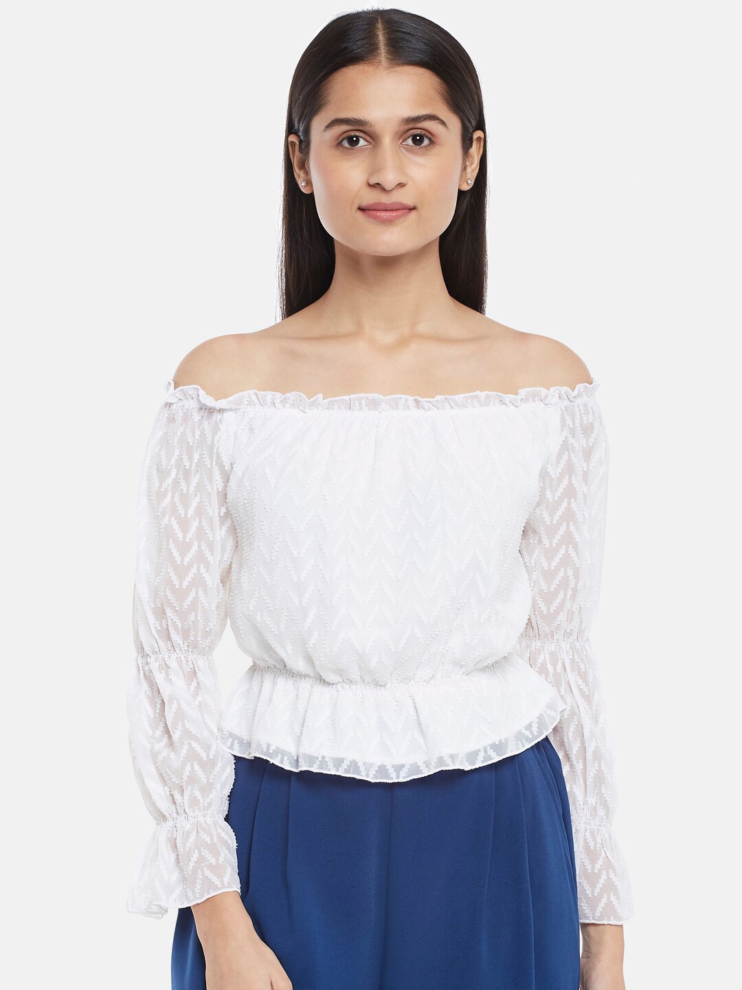 

Honey by Pantaloons White Geometric Off-Shoulder Bardot Top