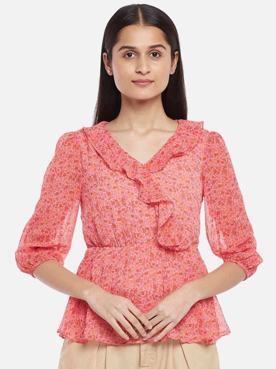 

Honey by Pantaloons Women Peach-Coloured Floral Print Ruffles Cinched Waist Top