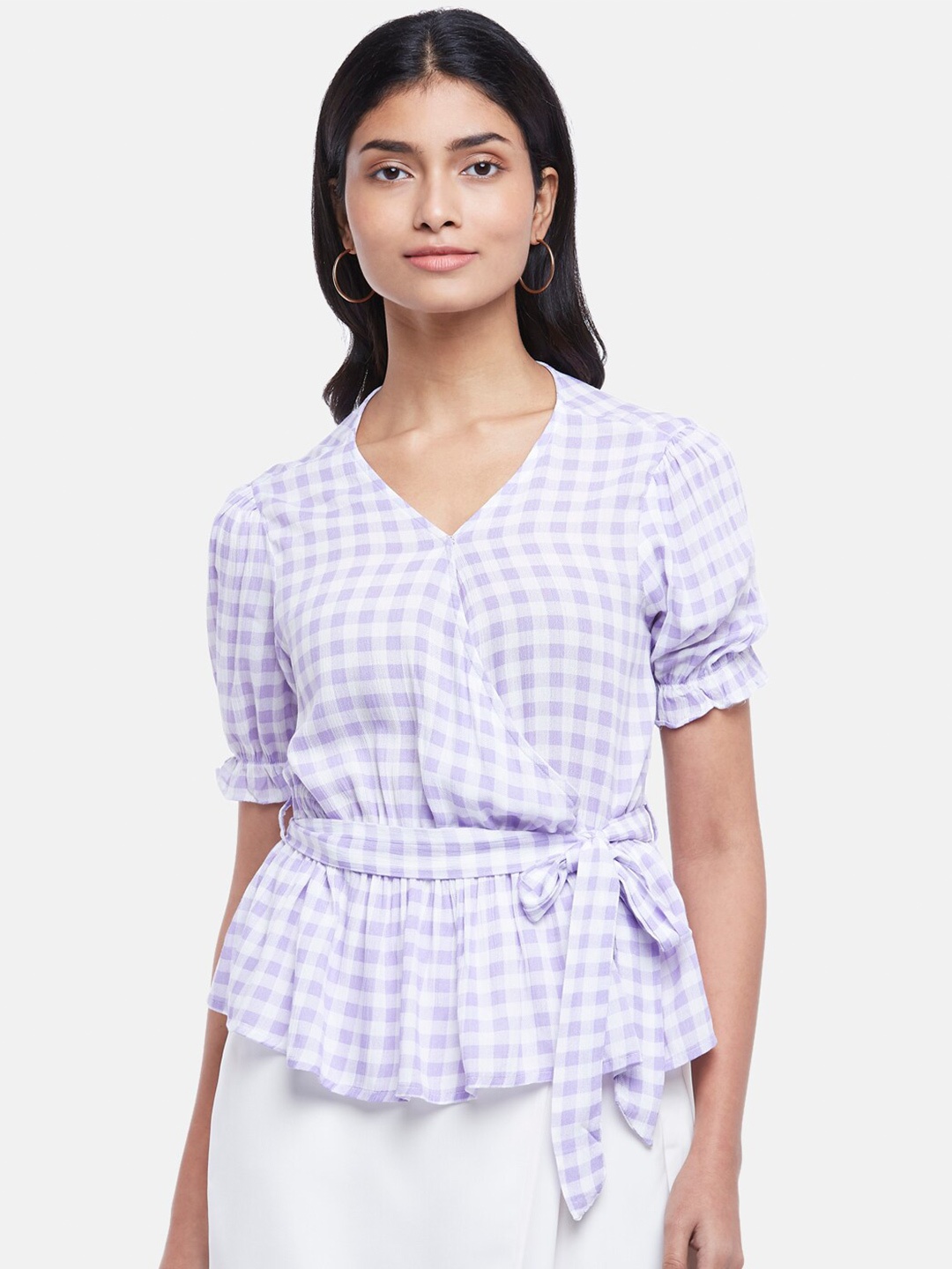 

Honey by Pantaloons Women Purple & White Checked Wrap Top