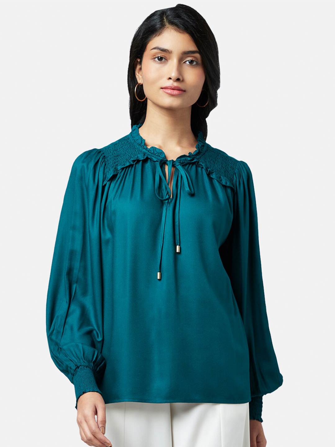 

Honey by Pantaloons Women Teal Solid Puff Sleeves Tie-Up Neck Top